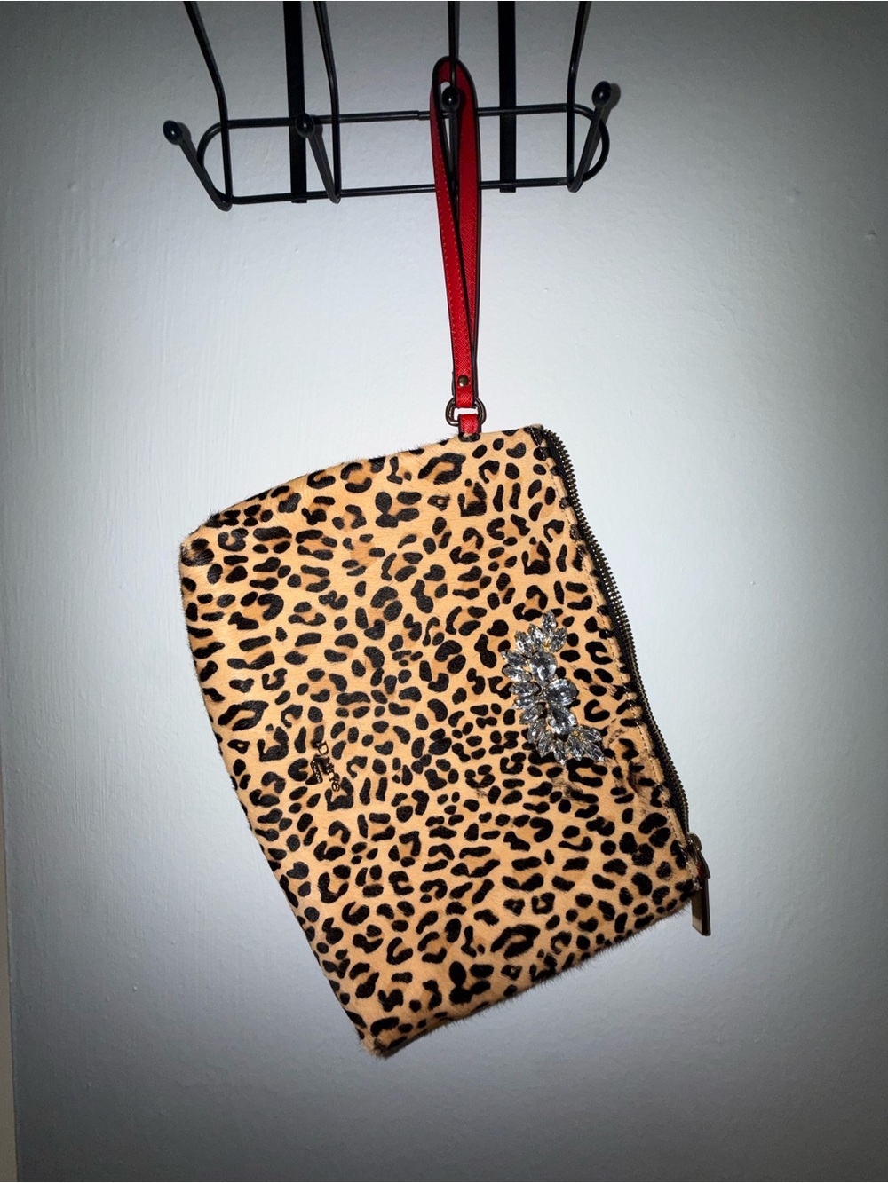 Dune London Leopard Print Rhinestone Embellished Wristlet Clutch Red